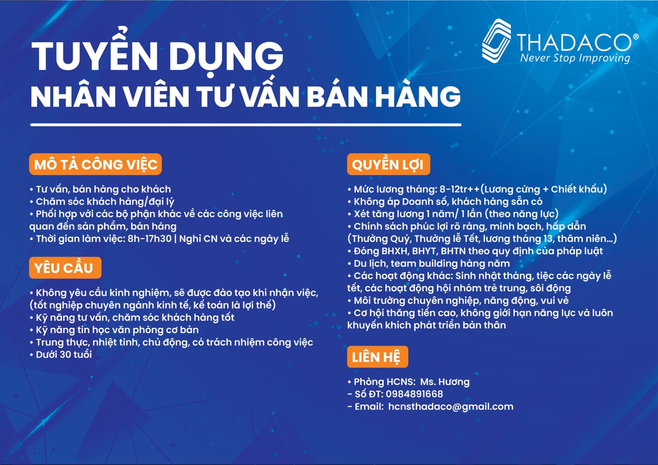 THADACO Hà Nội tuyển GẤP Nhân viên bán hàng 2024