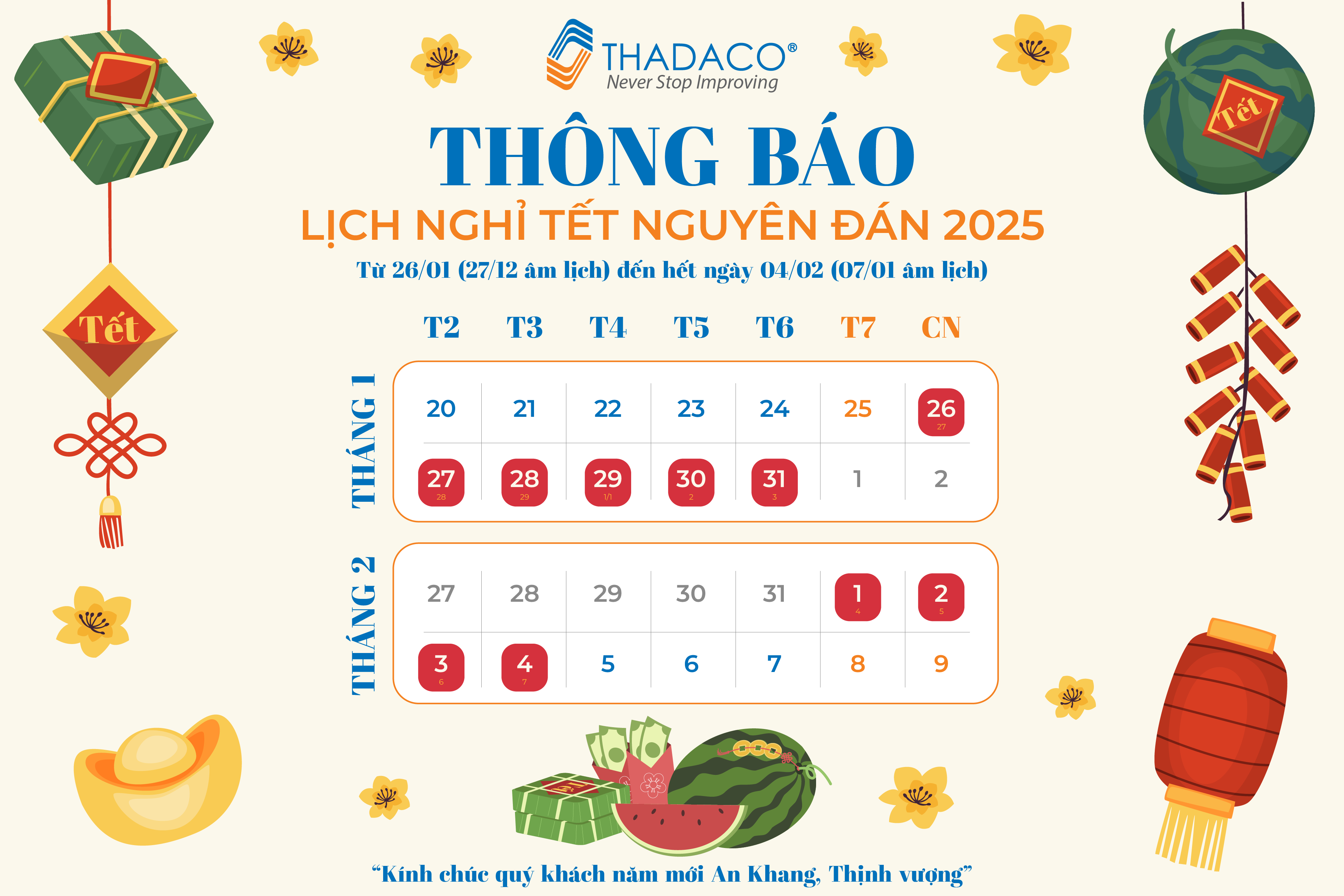 THADACO: Thông báo lịch nghỉ Tết Ất Tị 2025