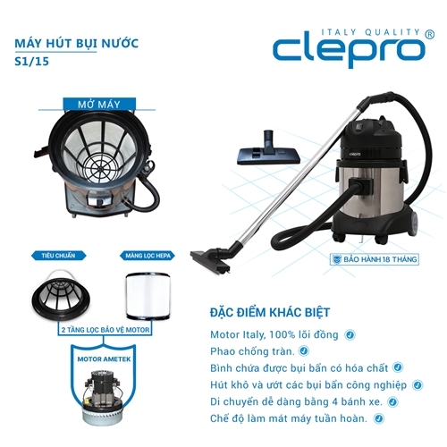 Máy hút bụi khô và ướt CLEPRO S1/15 siêu bền, 2 tầng lọc 2